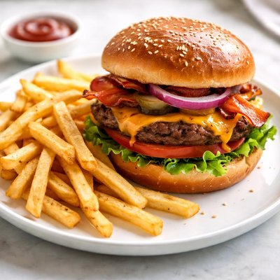 Hamburger like a meat with a handful of french fries