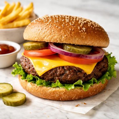 Hamburger on wheat bun with cheese