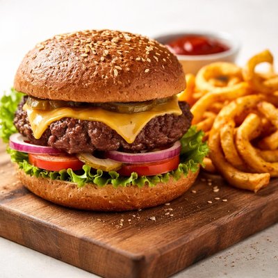 Hamburger on wheat bun with cheese and curly fries