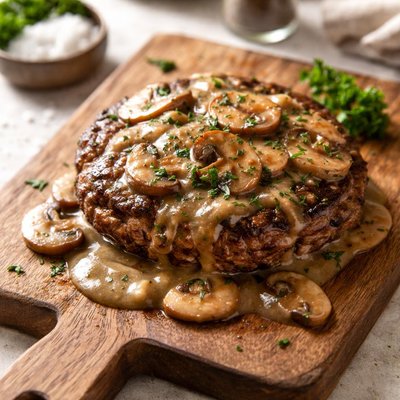 Hamburger patty with mushroom gravy