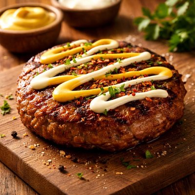 Hamburger patty with mustard and mayonnaise