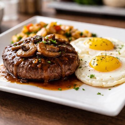 Hamburger steak and two eggs