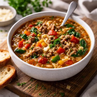Hamburger vegetable orzo soup
