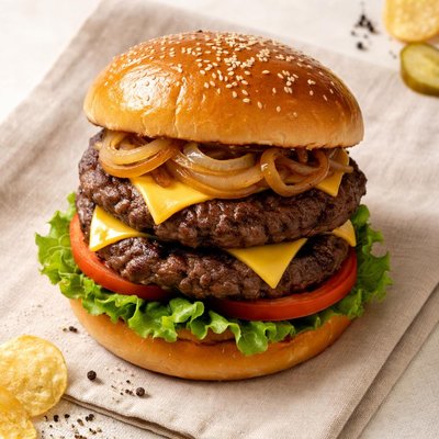 Hamburger with two patties and onions