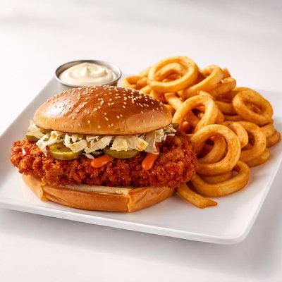 Hardees hot chicken sandwich with curly fries