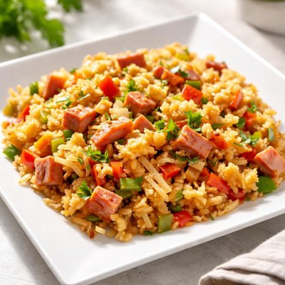 Hash browns with vegetables and ham