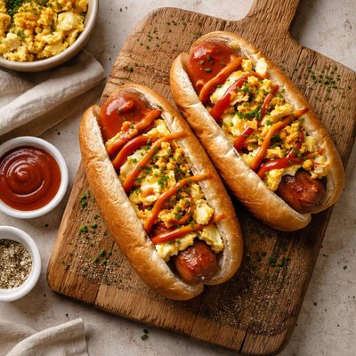 Hatdog with scrambled eggs