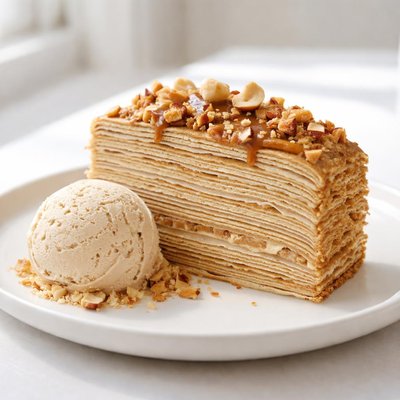 Hazelnut mille crepe and brown butter ice cream
