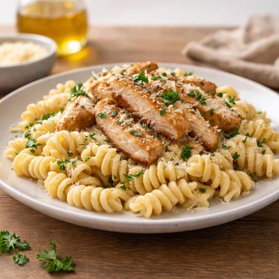 Healthy chicken alfredo with bonanza protein pasta