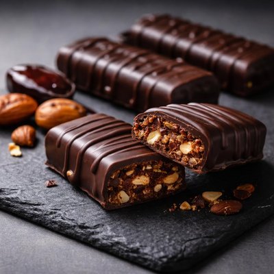 Healthy chocolate bar with ground nuts and dates wrapped in dark chocolate
