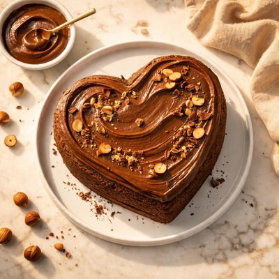 Heart-shaped cake with chocolate spread