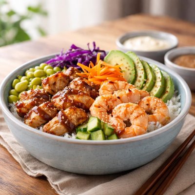Hibachi blue poke bowl chicken and shrimp with white and ginger sauce