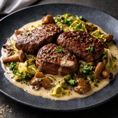 Hirschmedallion mit pilzen und wirsing in rahmsauce