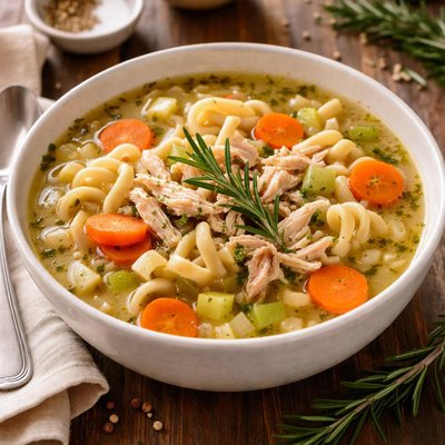 Homade chicken noodles soup with carrots celery rosemary onion