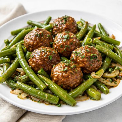 Home cooked green beans and meatballs from costco