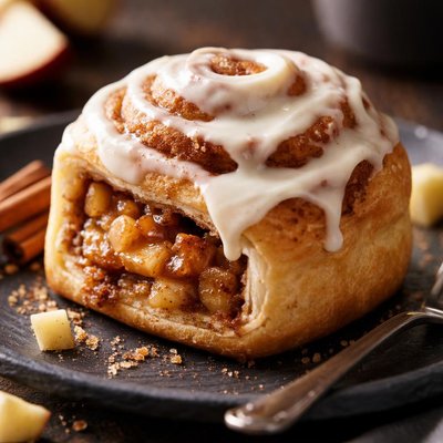 Homemade apple filled cinnamon roll with cream cheese icing