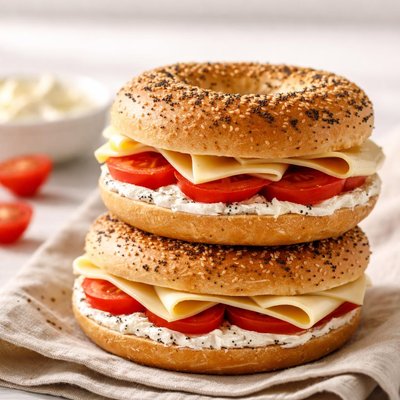 Homemade bagel and cheese