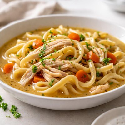 Homemade chicken and noodles with bone broth