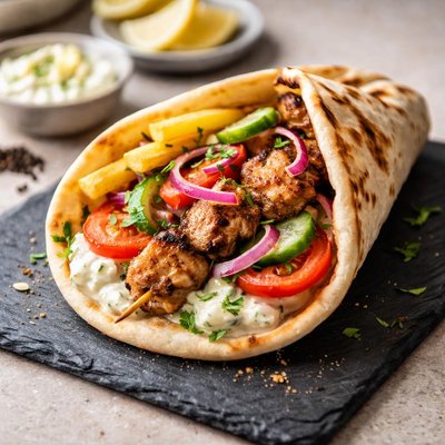 Homemade chicken souvlaki pita