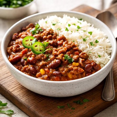 Homemade chilli with impossible meat and jasmine rice