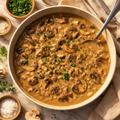 Homemade cornstarch base gravy with mushrooms