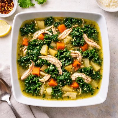 Homemade easy chicken and kale vegetable soup