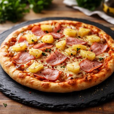 Homemade ham and pineapple pizza
