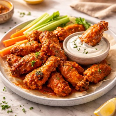 Homemade hot wings and homemade buttermilk ranch