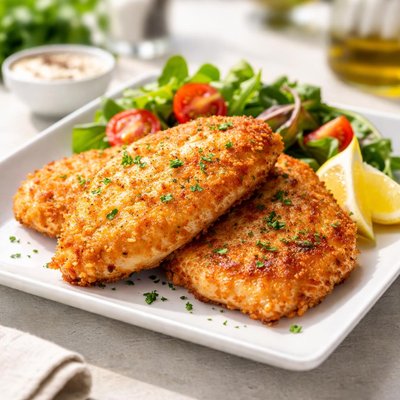 Homemade pan fried chicken breast schnitzel