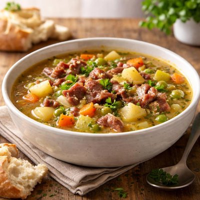 Homemade vegetable and bacon hock soup
