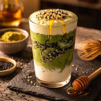 Honey black sesame matcha latte