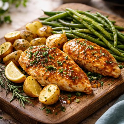 Honey mustard chicken with green beans and potatoes