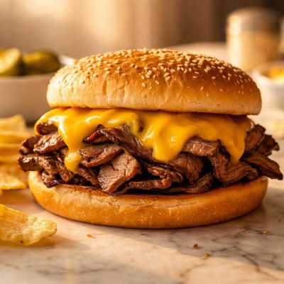 Hot beef and cheddar sandwich