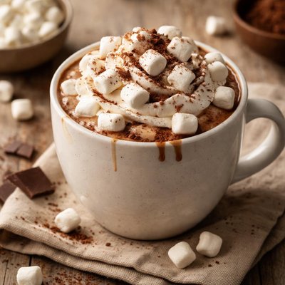 Hot chocolate with whipped cream and marshmallows