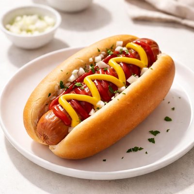 Hot dog bun with mustard and ketchup