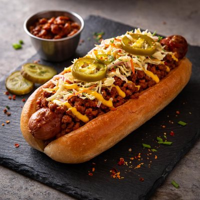 Hot dog chili cile slaw mustard
