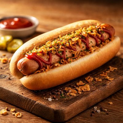 Hot dog in a bun with crisp onion and ketchup