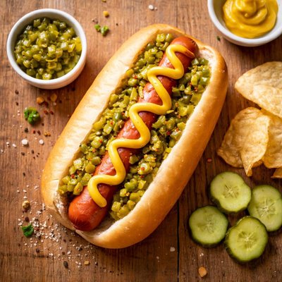 Hot dog on bun with relish