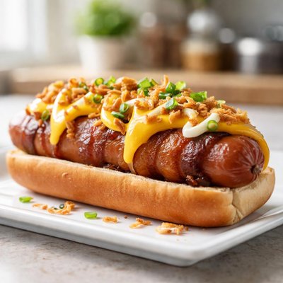 Hot dog with bacon and cheese