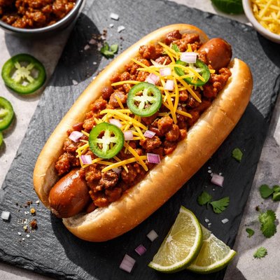 Hot dog with bun and chili