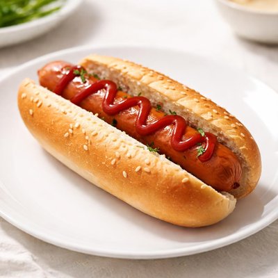 Hot dog with bun and ketchup