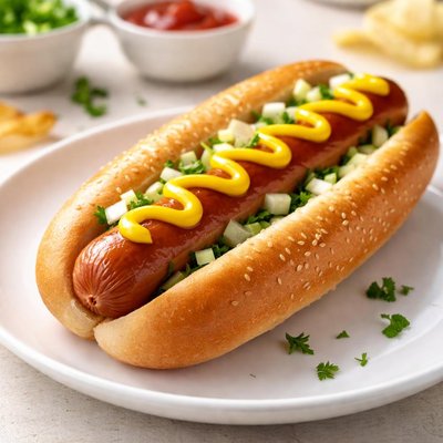 Hot dog with bun and mustard