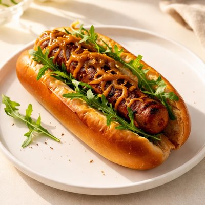 Hot dog with caramelized onions and arugula