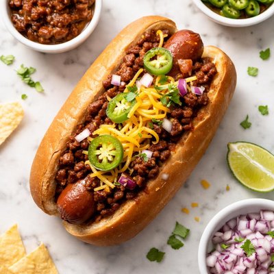 Hot dog with cheese and chili