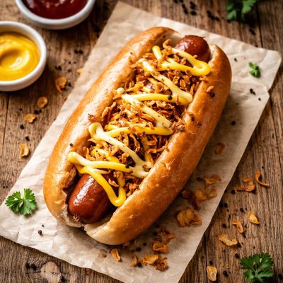 Hot dog with cheese and fried onions