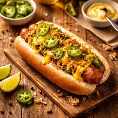 Hot dog with cheese and jalapenos