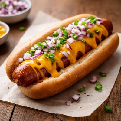 Hot dog with cheese and onions