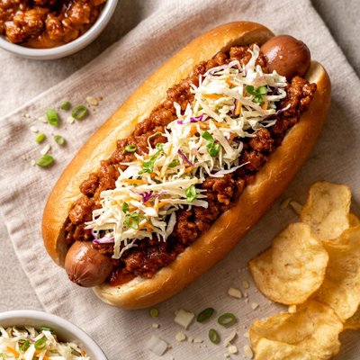 Hot dog with chili and coleslaw