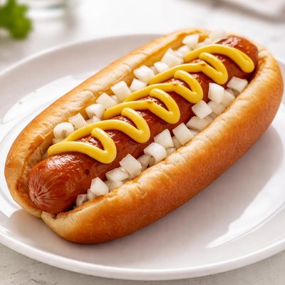 Hot dog with mustard and onions