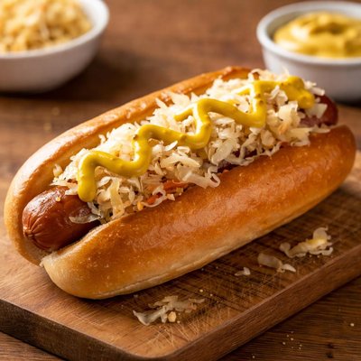 Hot dog with mustard and sauerkraut